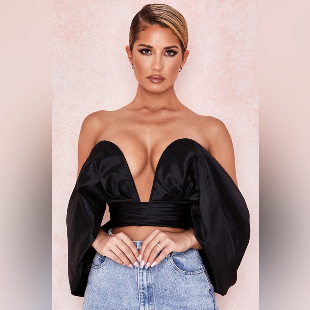House of CB Elisetta Satin Plunge Off Shoulder Bustier Black Crop Top
